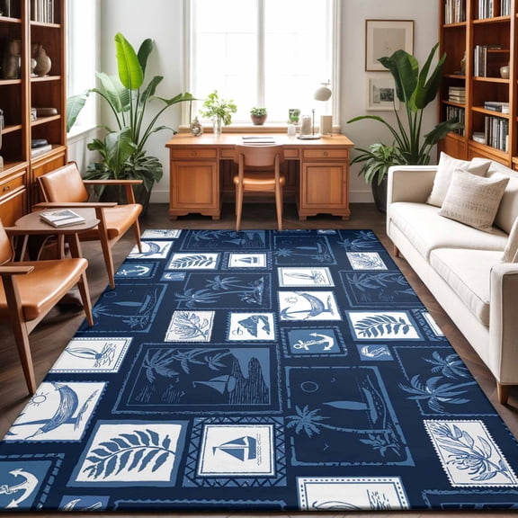 Area Rugs 4'x6'. Coastal Nautical Carpet Runner Indoor Outdoor Rugs Home Decor Aesthetic, Summer Ocean Sea Navy Blue Plaid Checkered Non Slip Mats Washable Accent Rug for Living Room Bedroom