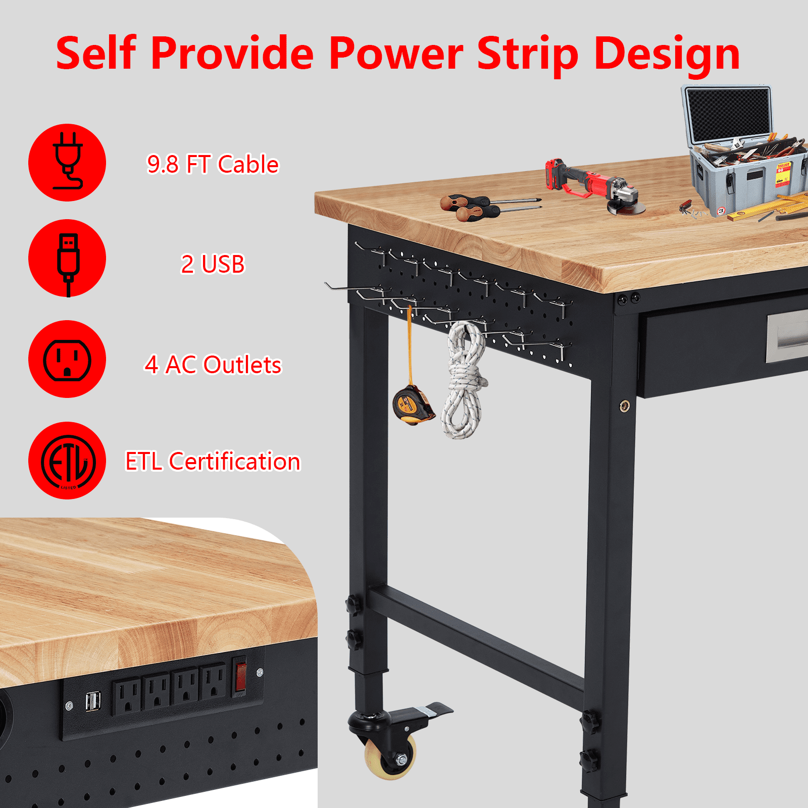 48" Adjustable Work Bench with Wheels, 2000 Lbs Capacity Rubber Wood Table Rolling Workbench