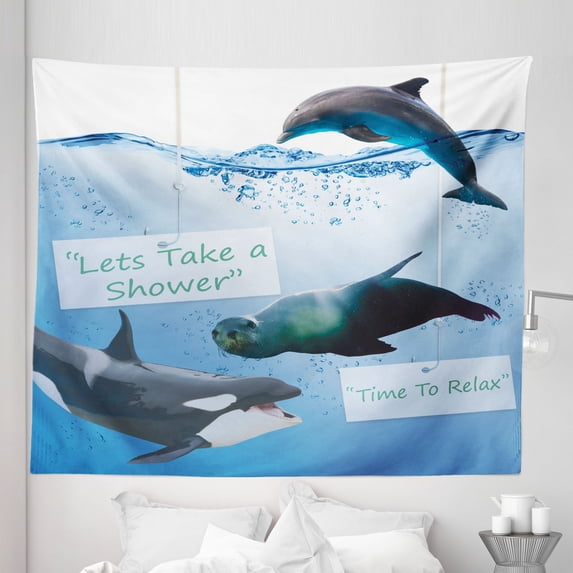 Animal Tapestry, Lets Take a Shower and Time to Relax Texts and Whale Dolphin Seal Photo, Fabric Wall Hanging Decor for Bedroom Living Room Dorm, 5 Sizes, Pale Blue Multicolor, by Ambesonne