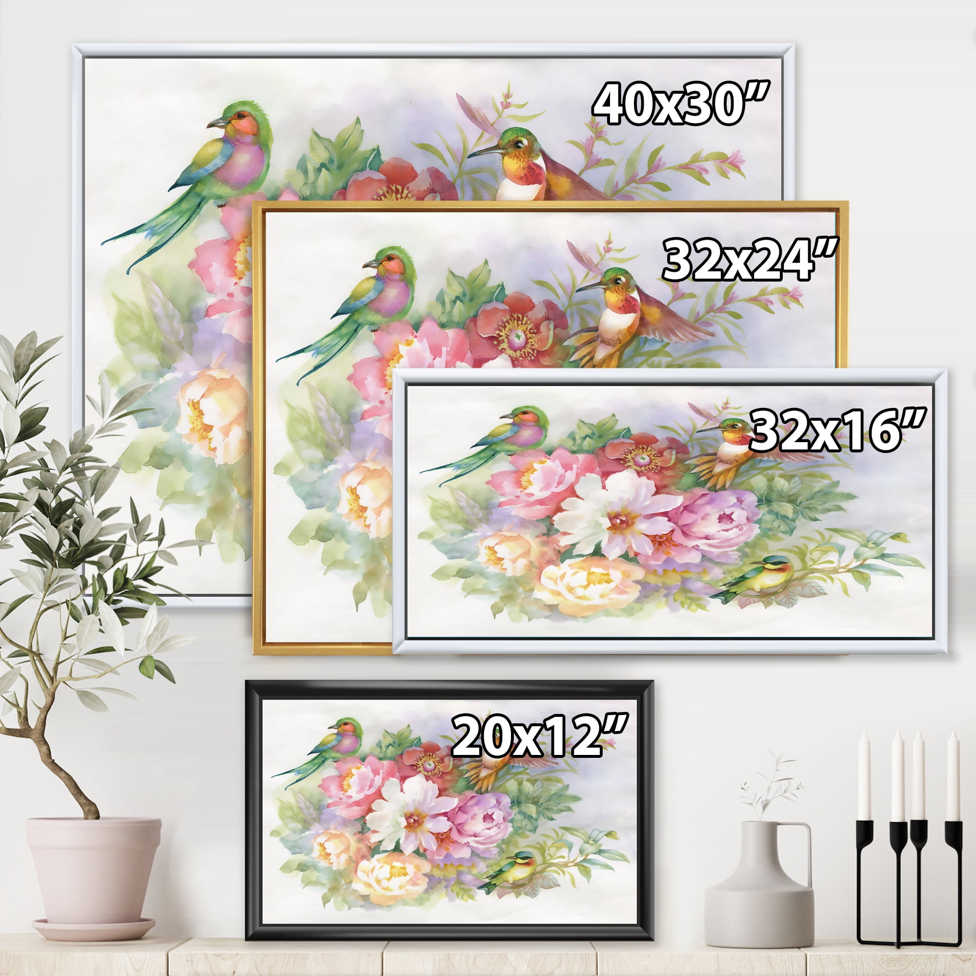 Designart 'Colourful Birds and Vibrant VIntage Flowers' Traditional Framed Canvas Wall Art Print