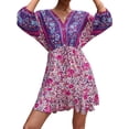 thumbnail image 4 of Women's Summer Boho Loose Dress Floral Print V Neck Long Sleeves Female Mini Dress, 4 of 9