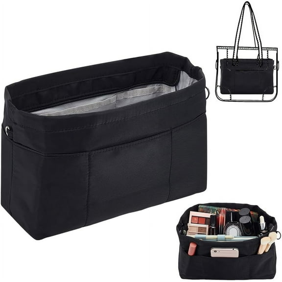 1pc Nylon Handbag Organizer Insert Tote Bag Organizer Insert Multi-Pocket Bag Organizer Inside Large Bag Divider Zipper Insert Bag Liner Storage Travel Bag in Bag 14.76x4.72x7.87 inch Black