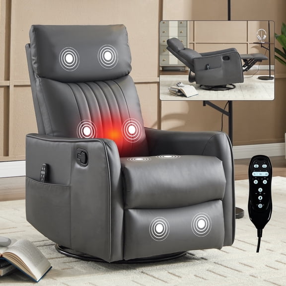Eumyviv Grey Faux Leather Heat Massage Manual Recliner Chair with Rocker and Swivel for Living Room W1803P321819