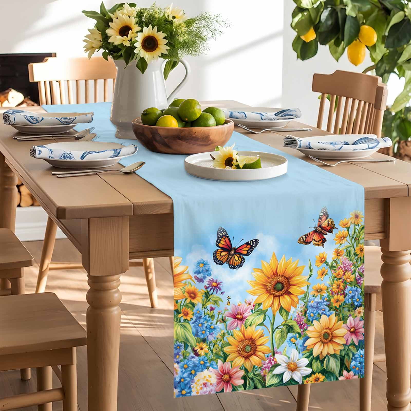 Farm Sunflower Butterfly Table Runner 90 Inches Long, Watercolor Wildflower Blue Sky Table Runners Tabletop Scarf Kitchen Dining Tables Decoration for Home Party Indoor Outdoor