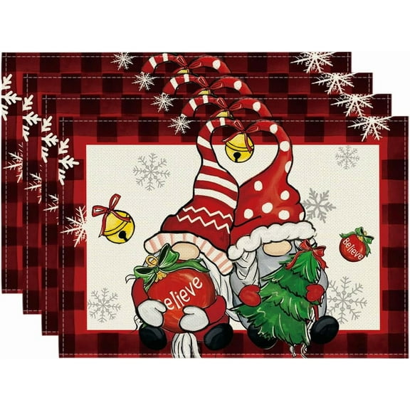 mubwai Gnome Believe Xmas Balls Christmas Placemats Set of 4, 12x18 Inch Seasonal Black and Red Winter Snowflake Table Mats for Party Kitchen Dining Decoration