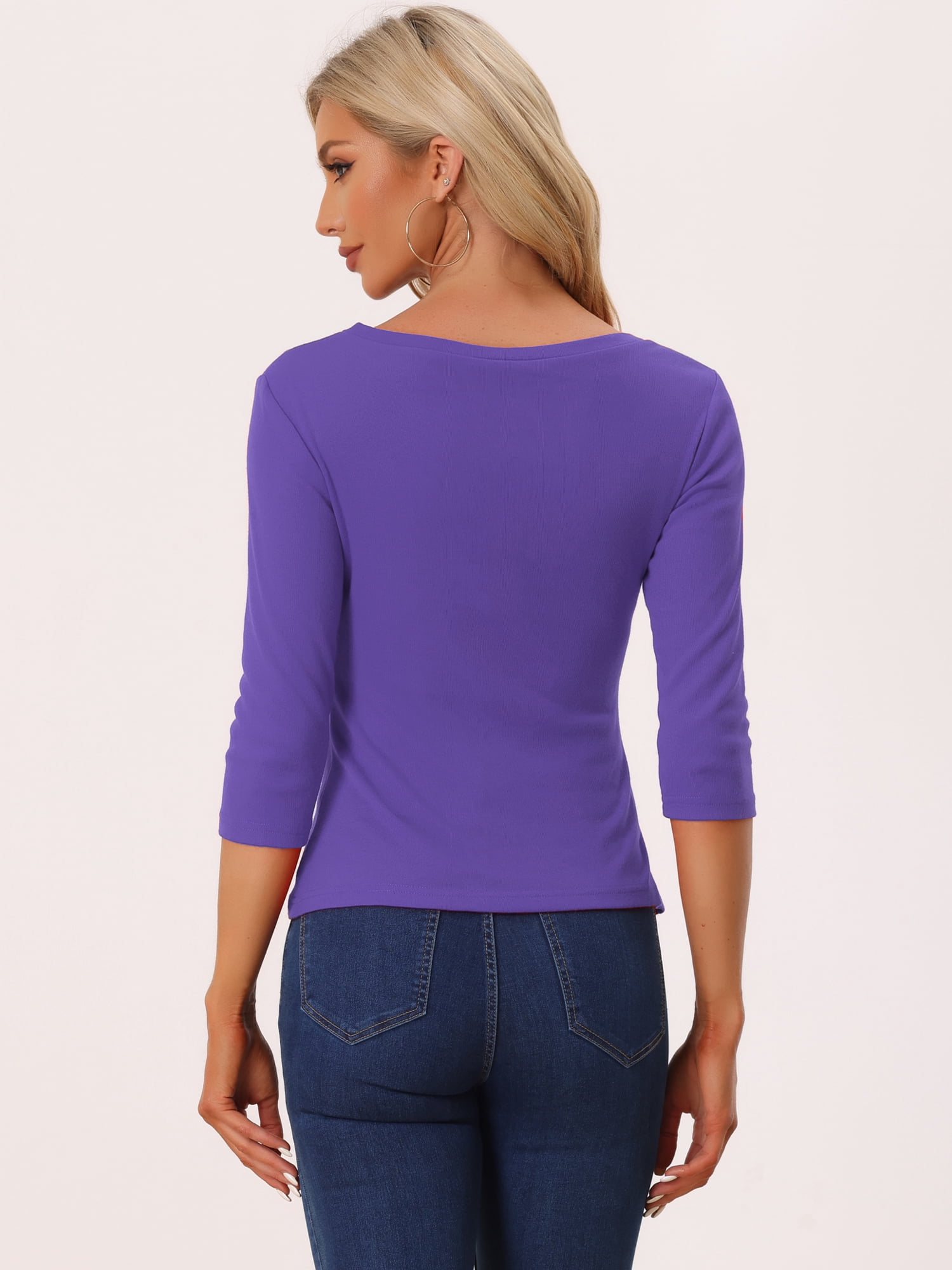 DARING DIVA V Neck Knitted Buttons Decor Ruched Blouse Top L Violet
