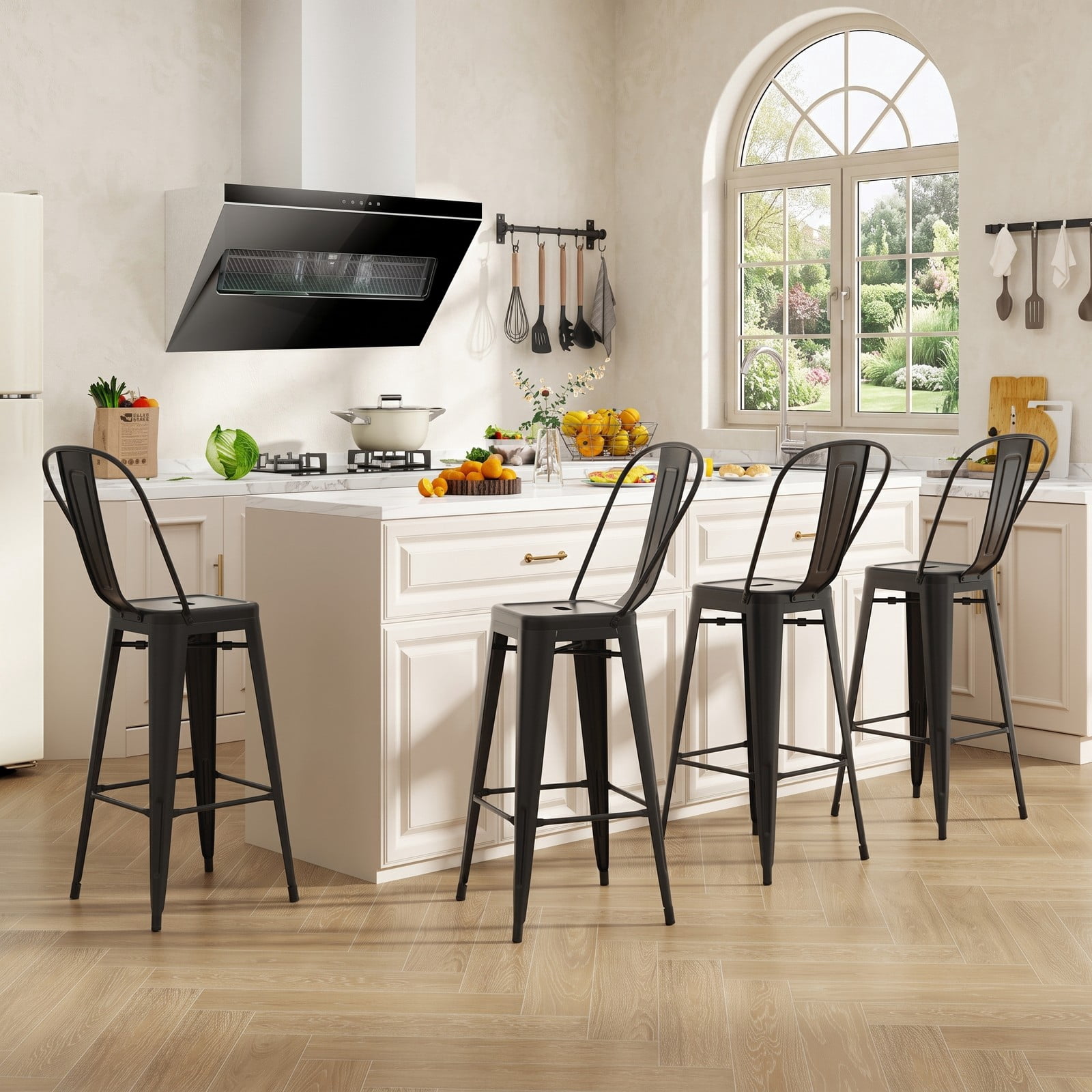 Furnibear Set of 4 Bar Height Stools, Stackable Metal Bar Stools with Removable Backrest, 30 Inch Counter Kitchen Pub Dining Chairs, 330 lbs Capacity, Black