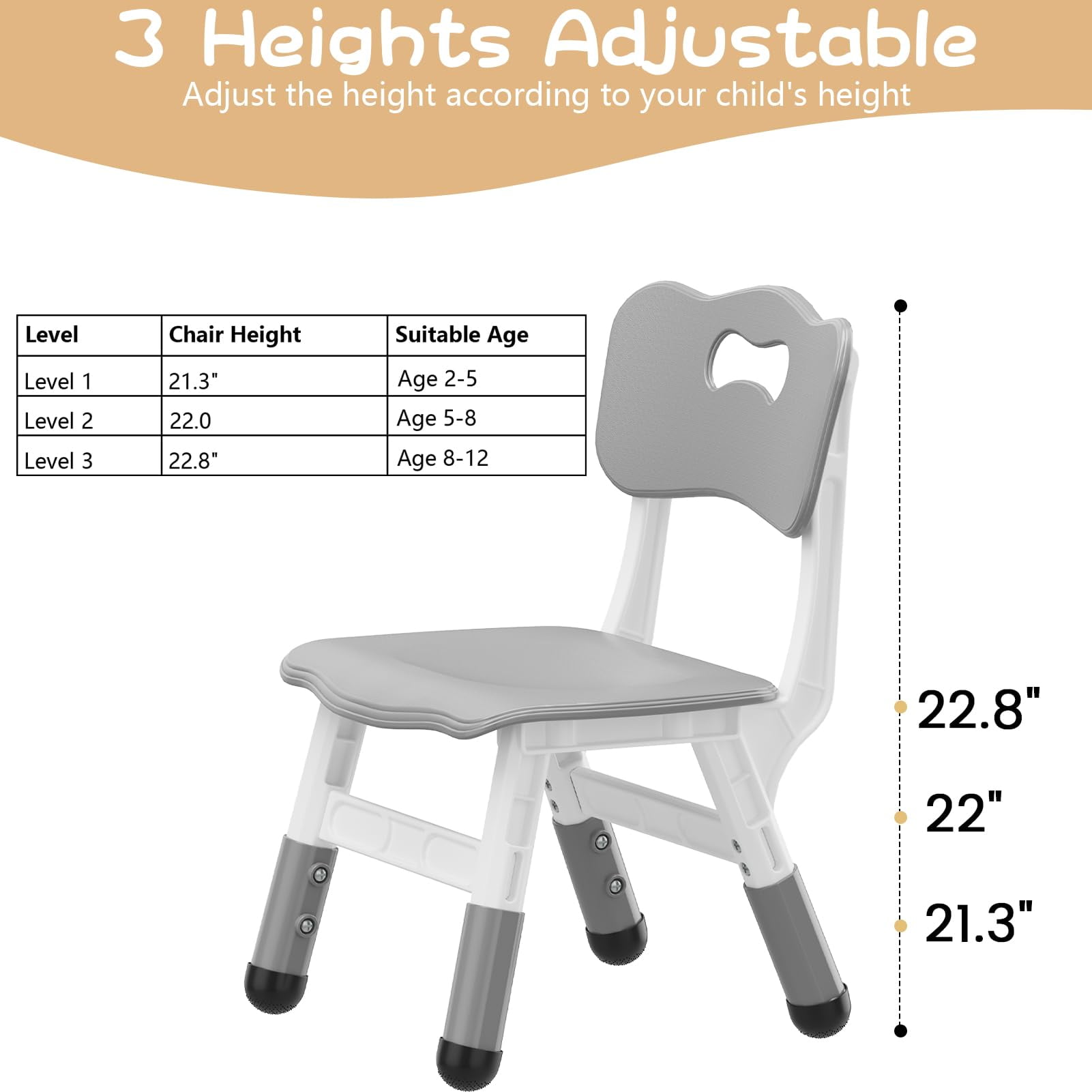 TROPOW Kids Chair, 3 Level Height Adjustable Kid Chair, Plastic Toddler Chairs for Children Boys Girls Age 2-6, Suitable for Home Family Classroom Nursery Indoor Use (2 Pack, Drak Gray)