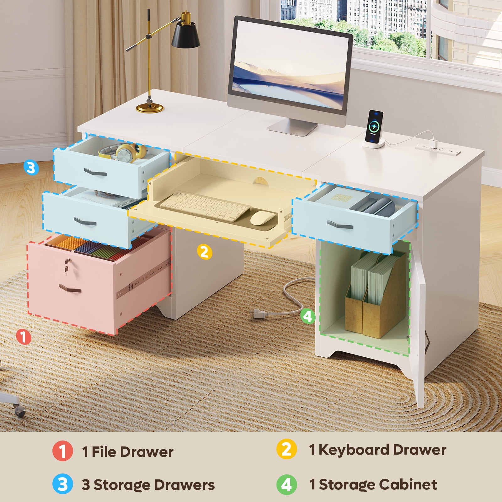 Bestier Computer Desk with 5 Drawers, 59'' Office Desk with Storage, Modern Executive Desk with File Drawers and Storage Cabinets, Charging station, Keyboard Tray, Suitable for Study& Bedrooms White