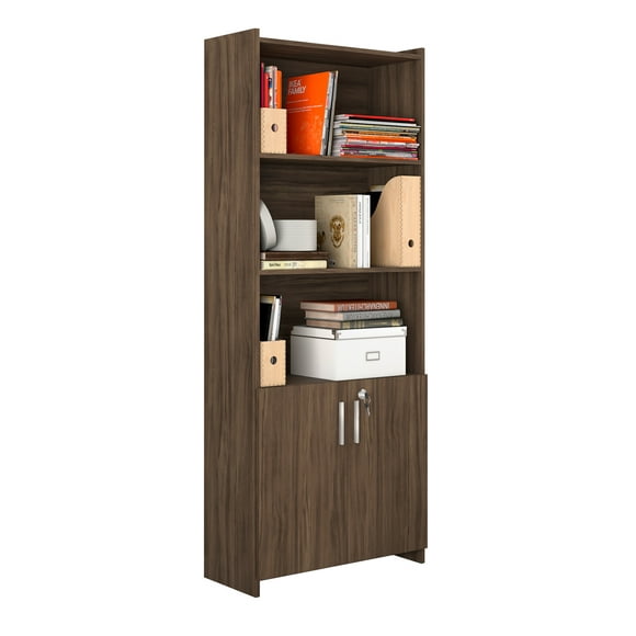 Librero 5 Repisas Moderno Decorativo Con Puertas Nogal 56118