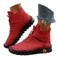 thumbnail image 3 of Leozcaa Women's Ankle Boots Lace Up Leather Stitched Velvet Warm Outdoor Walking Flat Short Booties, 3 of 9