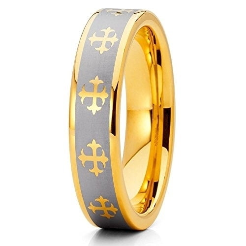 5mm Yellow Gold Tungsten Carbide Wedding Ring Cross Design Silver Finish Unisex Pipe Cut Band (10)