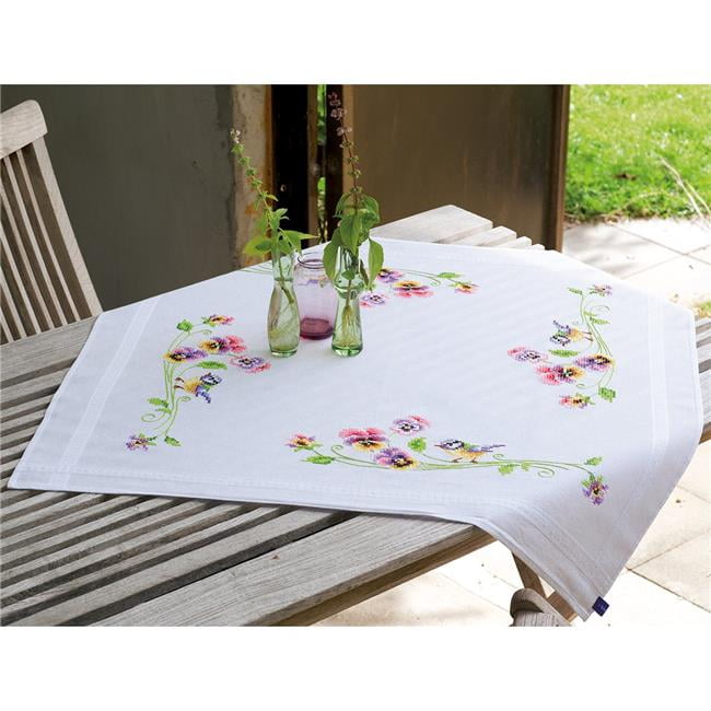 Little Birds & Pansies Tablecloth Stamped Embroidery Kit, 32 x 32 in