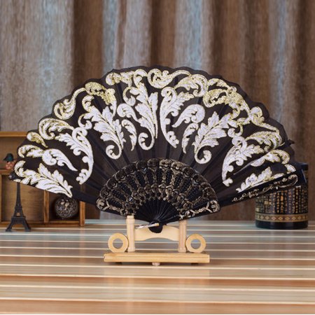 

〖CFXNMZGR〗Home Decor Paper Fans Set Chinese Style Dance Wedding Party Lace Silk Folding Hand Held Flower Fan Black