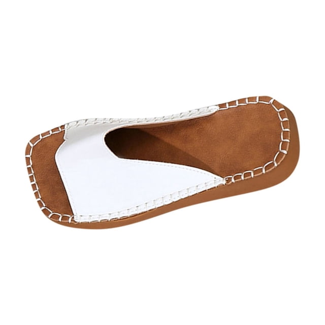 Flat Sandals for Women Slide Irregular Shoe Upper Leather Open Square Toe Retro Non Slip Breathable Beach Summer Slide Sandals White