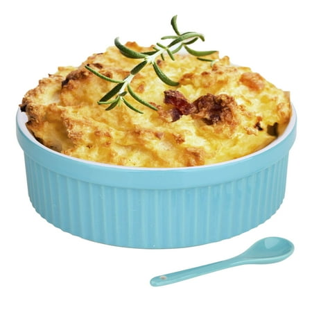 Souffle Dish Ramekins for Baking – 32 Oz, 1 Quart Large Ceramic Oven Safe Round Fluted Bowl with Mini Condiment Spoon for Soufflé Pot Pie Casserole Pasta Roasted Vegetables Desserts (Aq