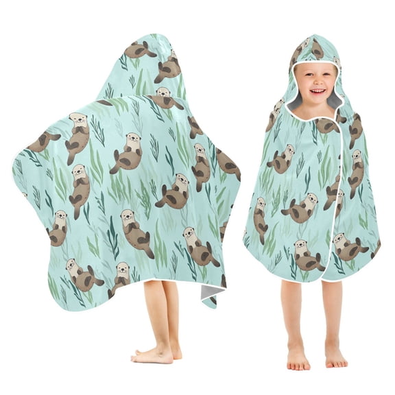 Yayeee Kids Hooded Towel with Hand Pockets Beach Soft Absorbent Bath Wrap 50 x 23.5 inch, Green Otters Pattern