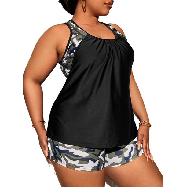 Camo Print High Neck Multicolor Plus Size Tankinis (Women's Plus