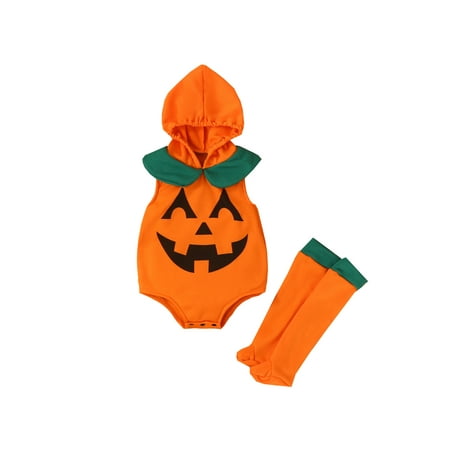 

Amuver Newborn Halloween Sleeveless Romper Grimace Pattern Print Stitching Collar Snap Crotch Hooded Bodysuit with Long Socks