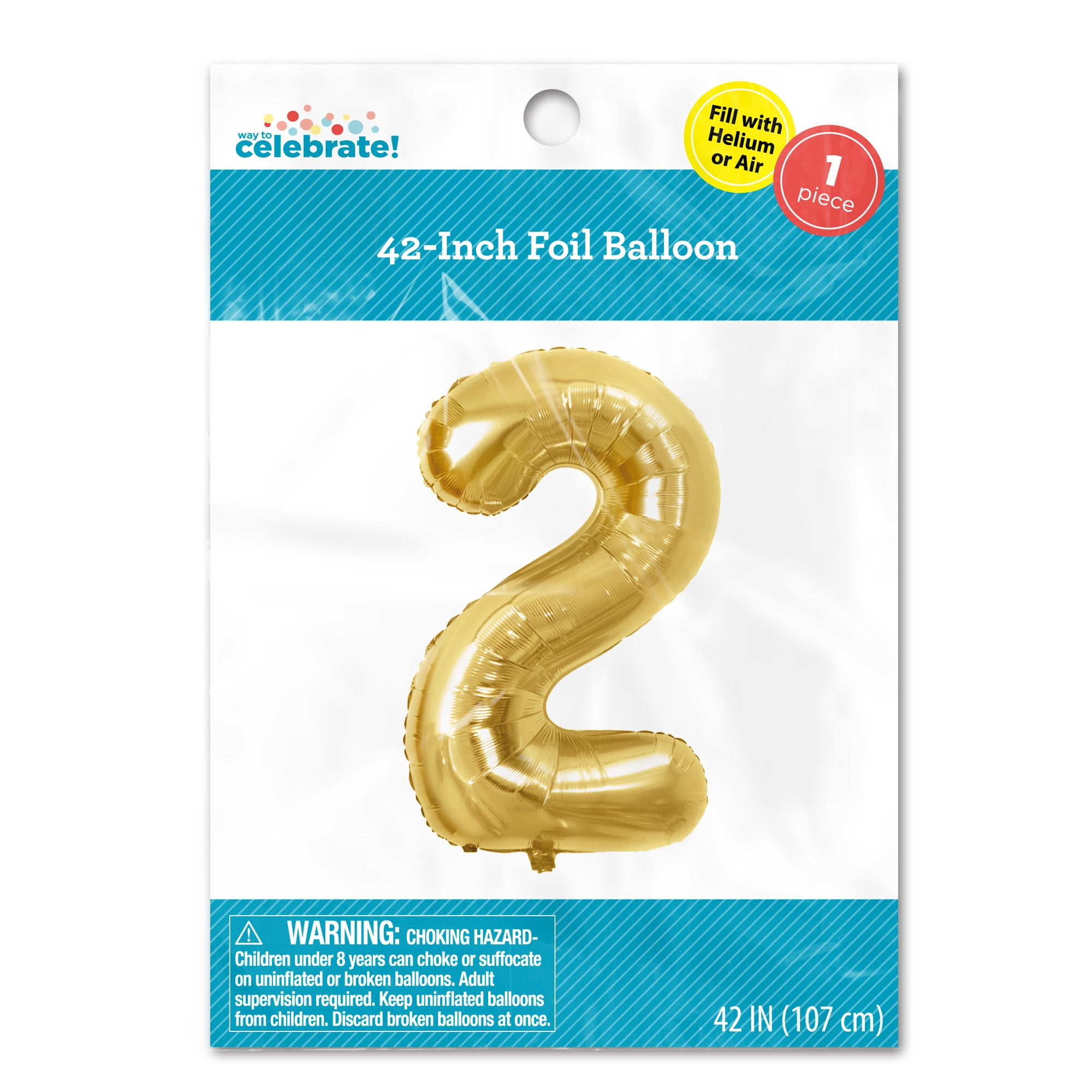Way to Celebrate! 42" Gold Birthday Party Number Foil Balloon, Number 2 Balloon.