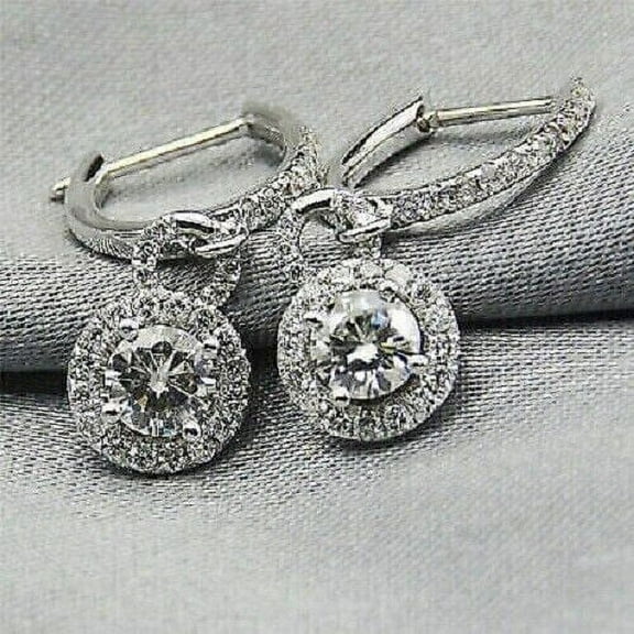 4 Ct Lab Created Round Diamond Drop Dangle Hoop Earrings 14K White Gold Plated Silver