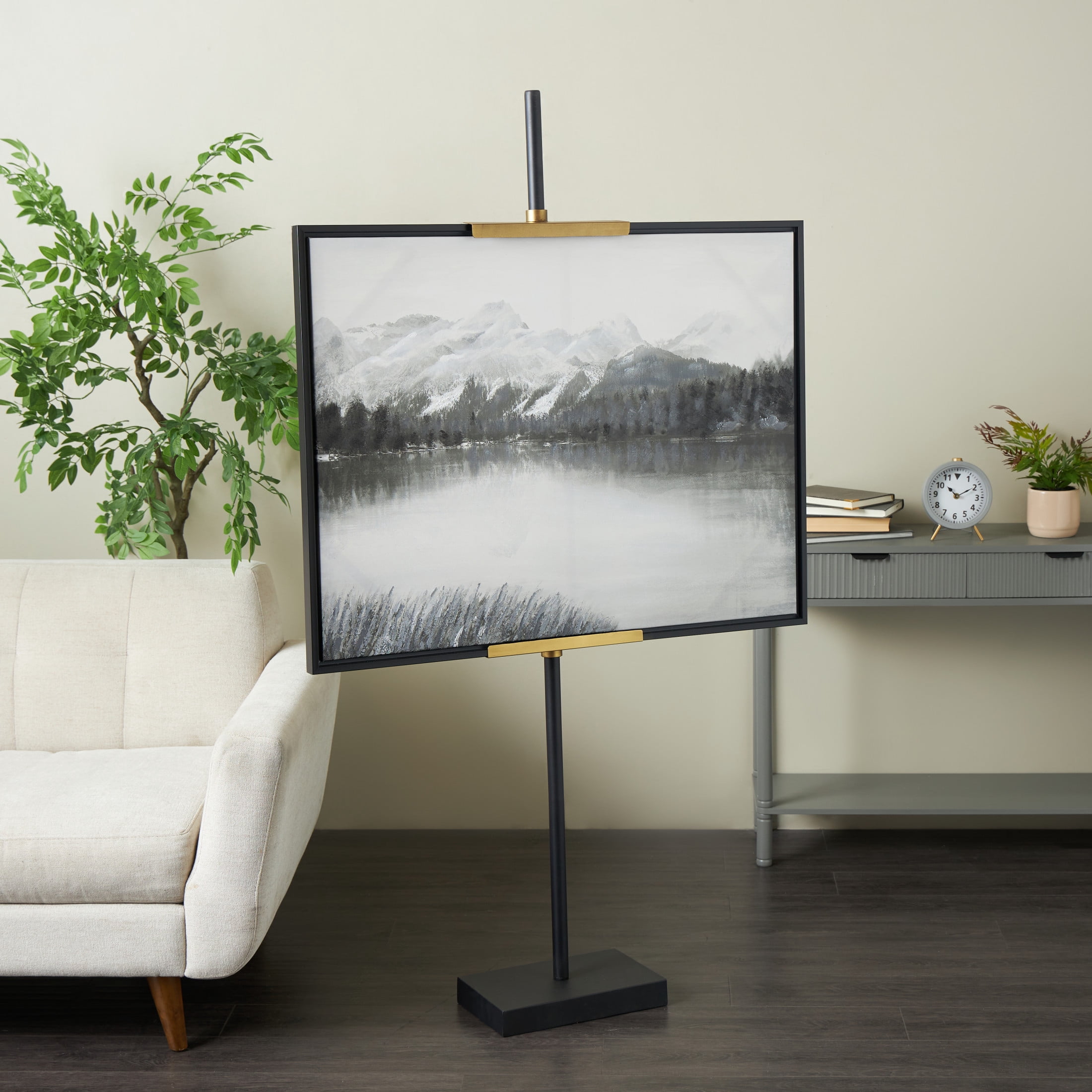 DecMode 13" x 65" Black Metal Tall Floor 2 Hook Easel with Gold Accents, 1-Piece