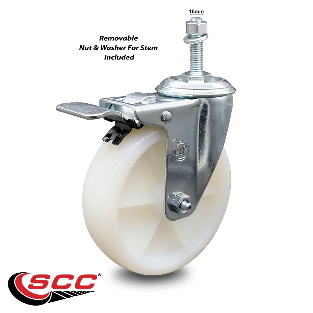 Nylon Swivel Threaded Stem Caster w/5" x 1.25" White Wheel and 10MM