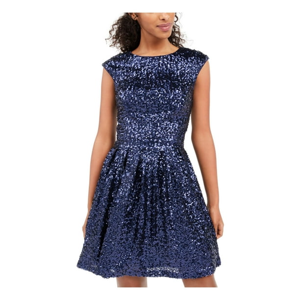 Emerald Sundae - EMERALD SUNDAE Womens Blue Sequined Cap Sleeve Jewel Neck Short Fit + Flare