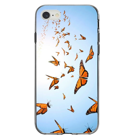 DistinctInk Clear Shockproof Hybrid Case for iPhone 7 8 SE (2020 Model) 4.7" Screen TPU Bumper Acrylic Back Tempered Glass Screen Protector - Flying Monarch Butterflies