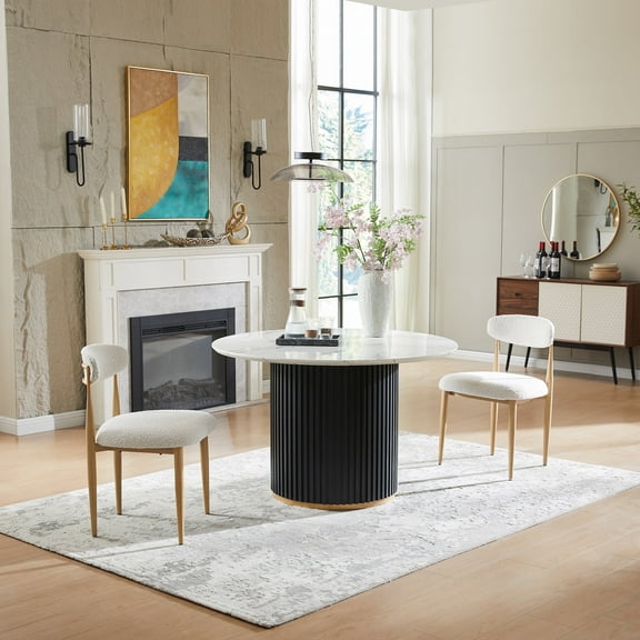Modern 3-Piece Faux Marble Dining Table Top with Boucle Chairs in White Dining Room Set for Kitchen