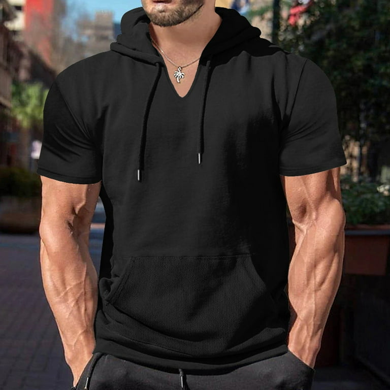 Qwertyu Short Sleeve Hoodie Lightweight Soft Cotton Moisture Wicking Kangaroo Pocket Summer Pullover For Men Black 3XL Walmart