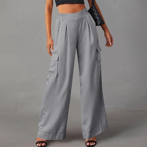 Mgmyaa Women's Wide Leg Pants High Elastic Waist Office Work Trousers Pockets Stretch Comfort Cargo Pants