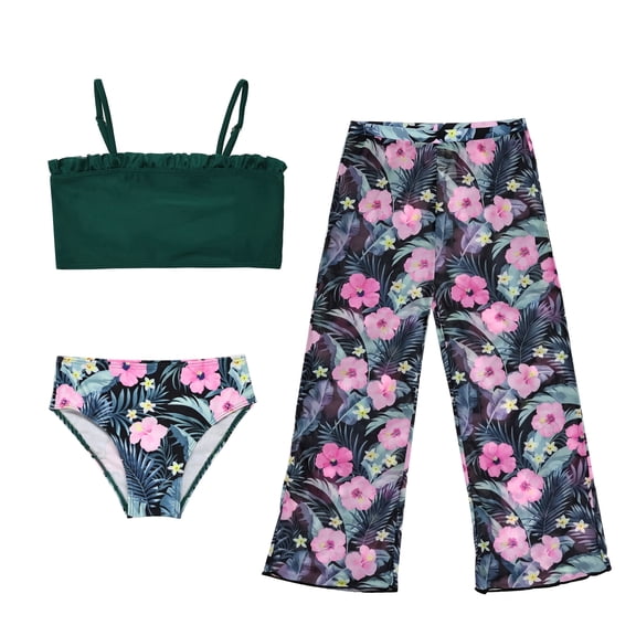 NIPAXO Girls Swimsuit 3-Piece Tropical Floral Bikini Set with Mesh Cover Up Pants Swimwear for Girls