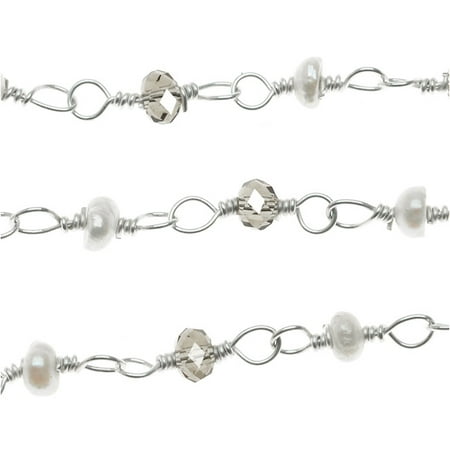 Faceted Smokey Quartz Gemstone - Pearl & Smokey Quartz Gemstone Sterling Silver Wire Wrapped Chain 4mm Rondelles - By In.