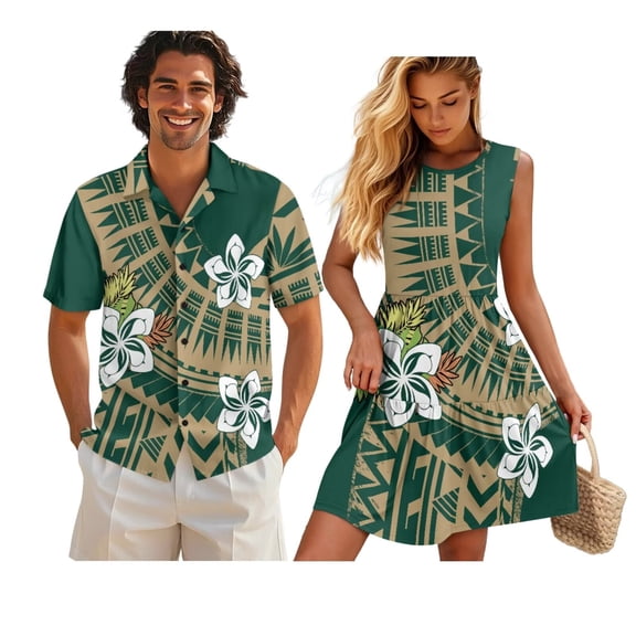Uorisanigo Green Polynesian Matching Couple Outfits Mens Button Down Shirt Size L Summer Hawaiian Blouse Tops and Womens Sleeveless Dress Elastic Waist Midi Beach Vacation Sundress