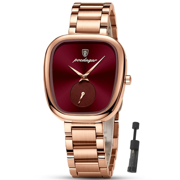 POEDAGAR Watches for Women, Fashion Rose Gold Analog Quartz Dress Watch, Oval Burgundy Dial, Stainless Steel Bracelet Ladies Wristwatch