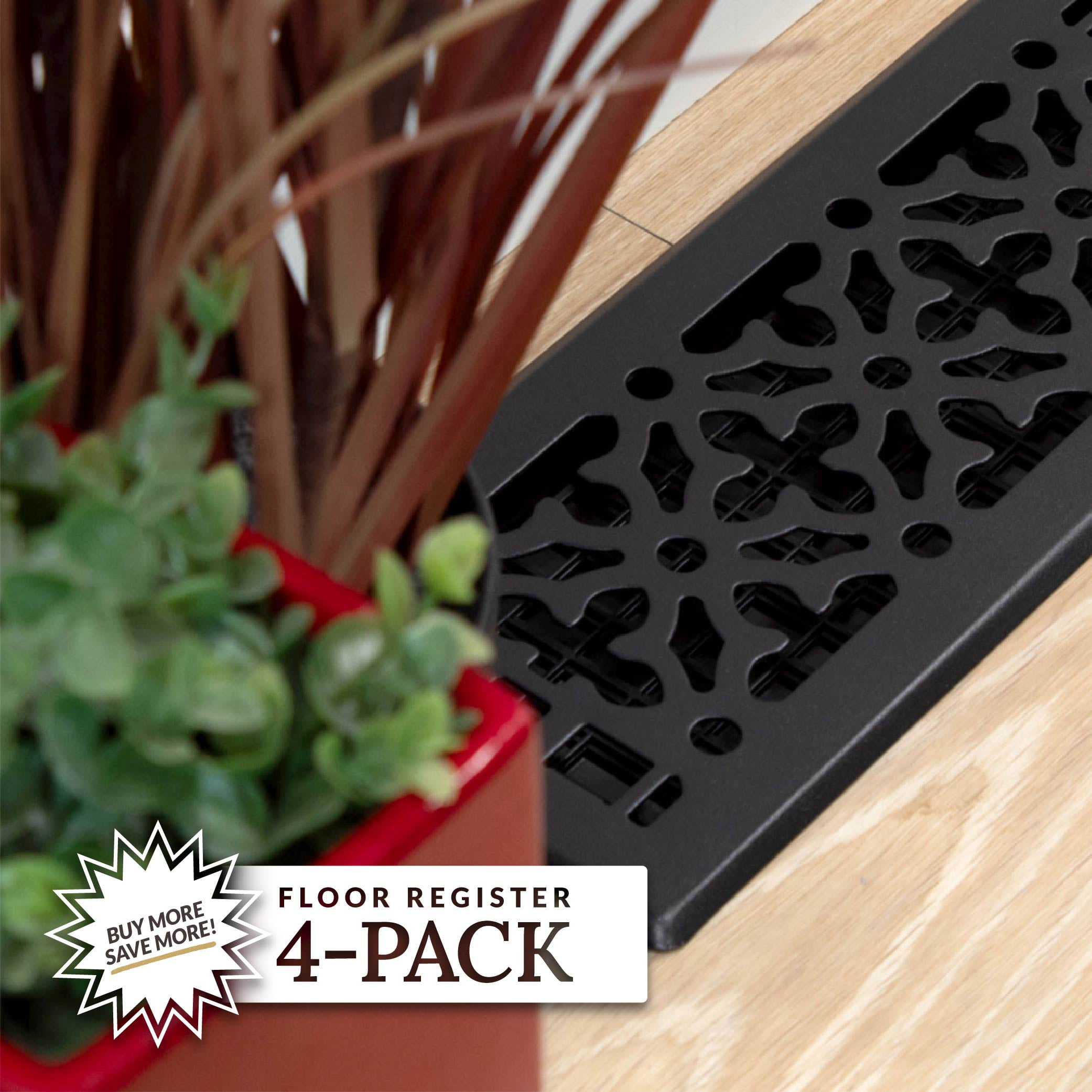 Decor Grates (4-Pack) 4x10 Gothic Floor Register Vent Cover, Adjustable Airflow Control, Textured Black (AGH410-BLK)
