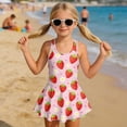 thumbnail image 4 of COEQINE Girls One Piece Swimsuit for Swim Lessons & Beach Play, Cute Swim Dress with Skirt & Liner, Scoop Neck Fixed Wide Strap V-Back Swimwear, Ages 5-6, Strawberry Daisy Heart Pink, 4 of 8