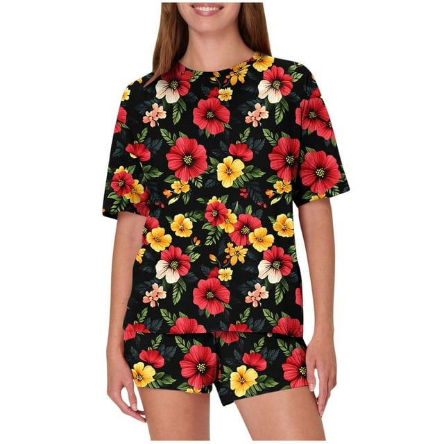 Trajes de Pantalones para Mujeres Casual Suelta Impresión Manga Corta, Cuello Redondo Pantalones Cortos Pijamas Poliéster