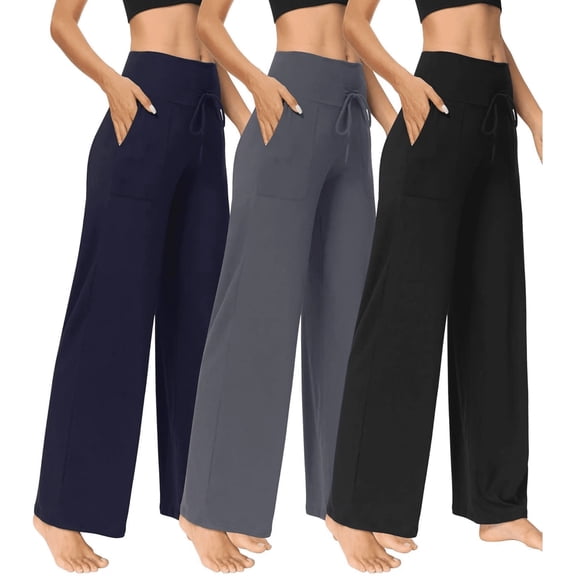 MLDRA 3 Pack Women's Wide Leg Pants with Pockets - Casual Loose Sweatpants Yoga Trouser Pants Sweat Palazzo Lounge Pajama Pants