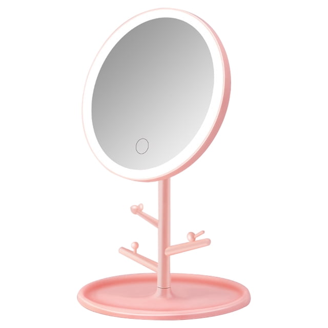 Miroir de Maquillage Forme Ronde avec Lampe Réglage 3 Vitesses Miroir de Bureau Rechargeable