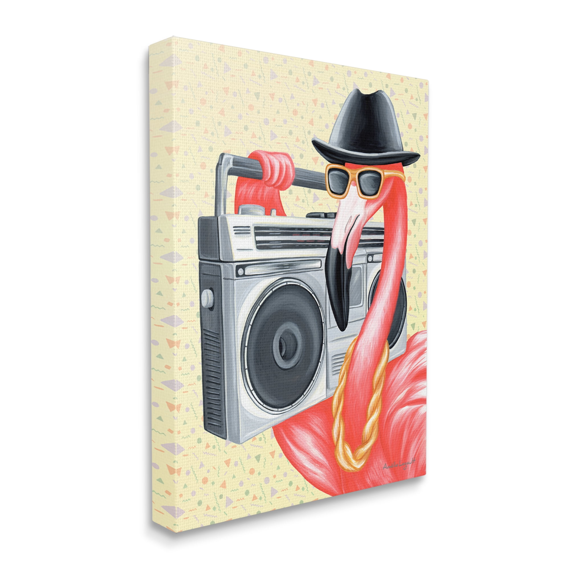 Stupell Industries Funky Retro Flamingo Boombox Music Geometric Pattern Graphic Art Gallery Wrapped Canvas Print Wall Art, Design by Amelie Legault