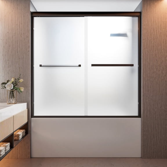 KPUY 56" - 60" x 58" Framed Double Sliding Bath Tub Shower Door with 1/4" Frosted Tempered Glass, Nano Self-Cleaning Coating, Matte Black