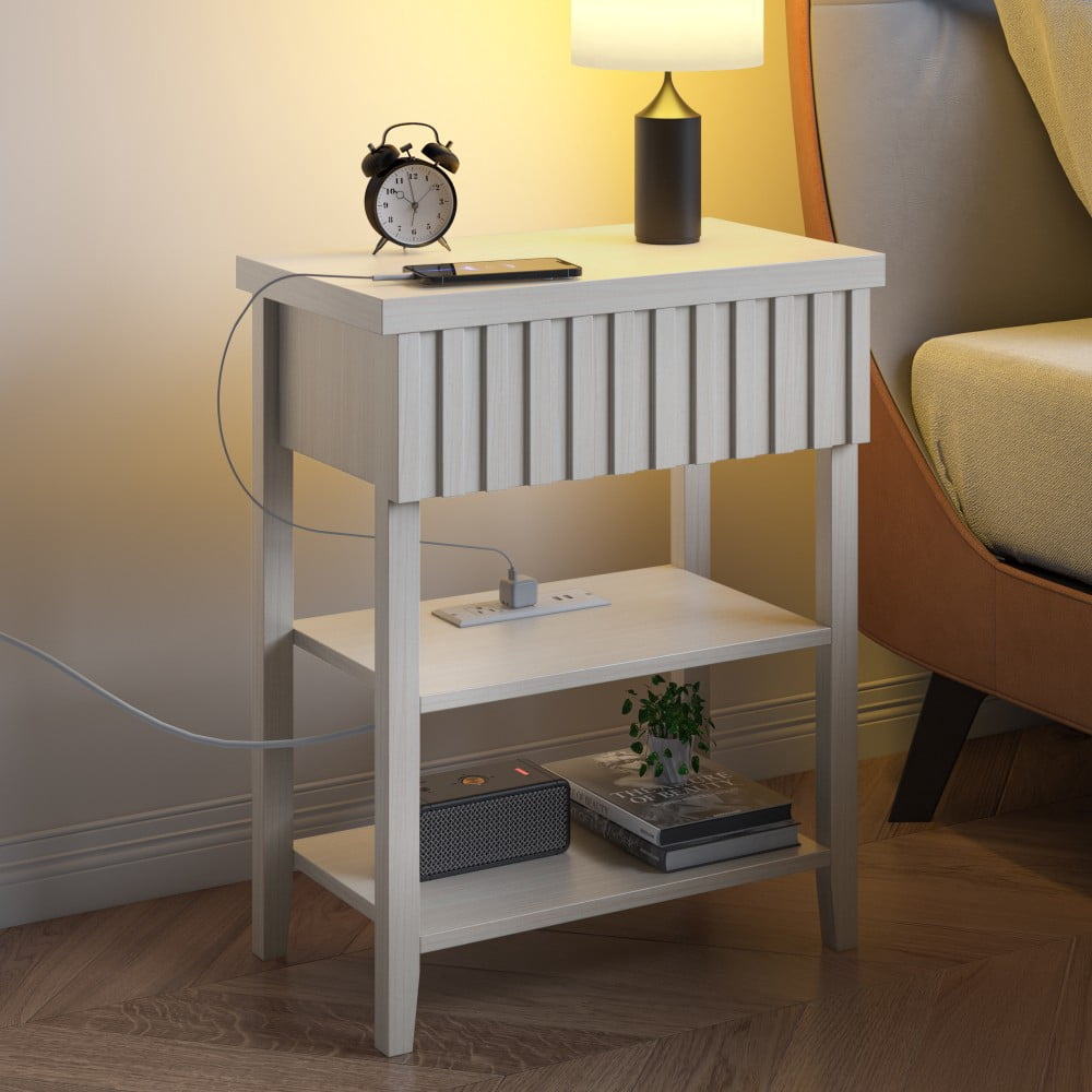 Fluted Nightstand with Charging Station, 2 USB Ports & 2 AC Outlets, Farmhouse Bedside Table with Drawer & 2 Open Shelves, Beige