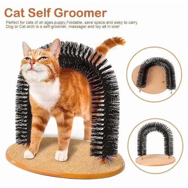Juguete de Aseo para Gatos con Arco – Herramienta de Automasaje con Recolector de Pelo y Rascador.