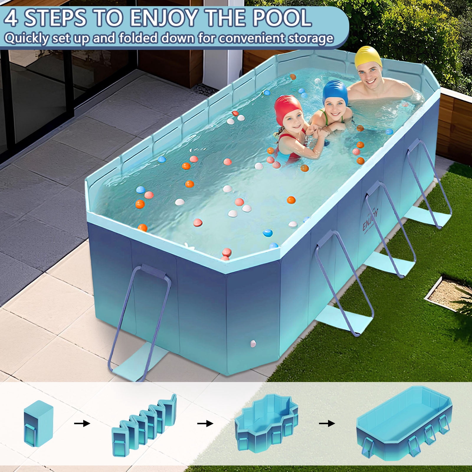 LHUAI, 102" Foldable Non-Inflatable Pool, Large Rectangular Above Ground Outdoor Backyard Swimming Family Pool, For Adults, Kids And Pet Dogs, Blue.