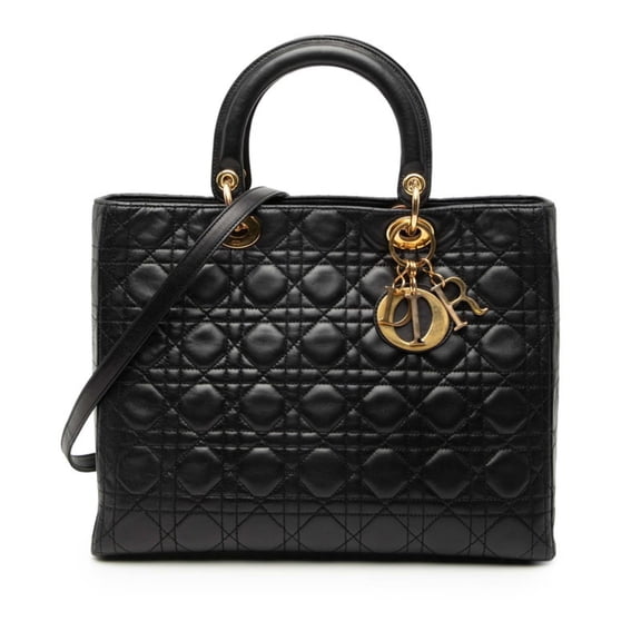 Pre-Owned Christian Dior Cannage Lady Large Handbag/Shoulder Bag, 2-Way, Black Leather, Women's,