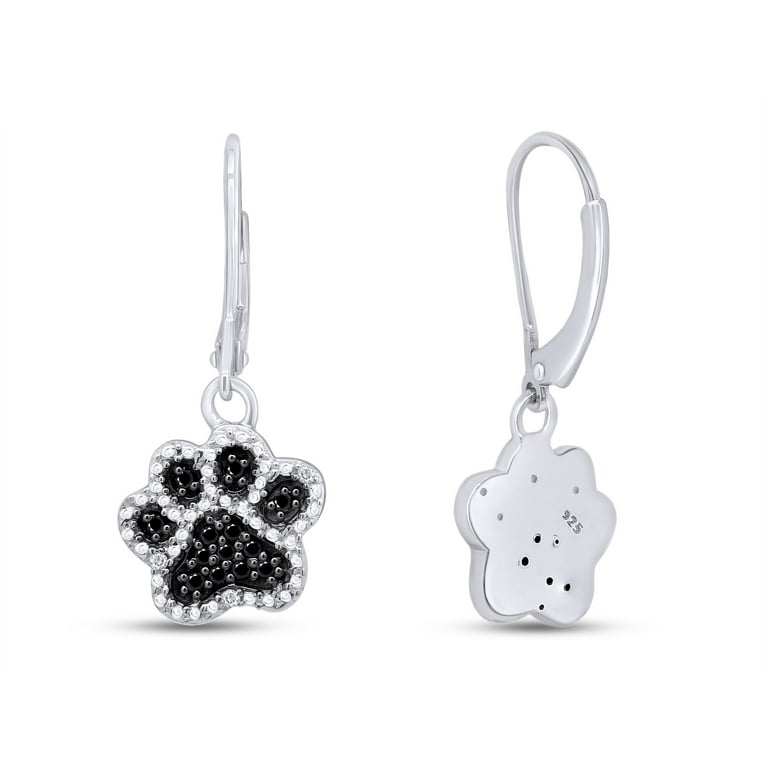 AFFY Black & White Natural Diamond Paw Print Dangle Earrings In 14K White Gold Over Sterling Silver (1/6 Ct