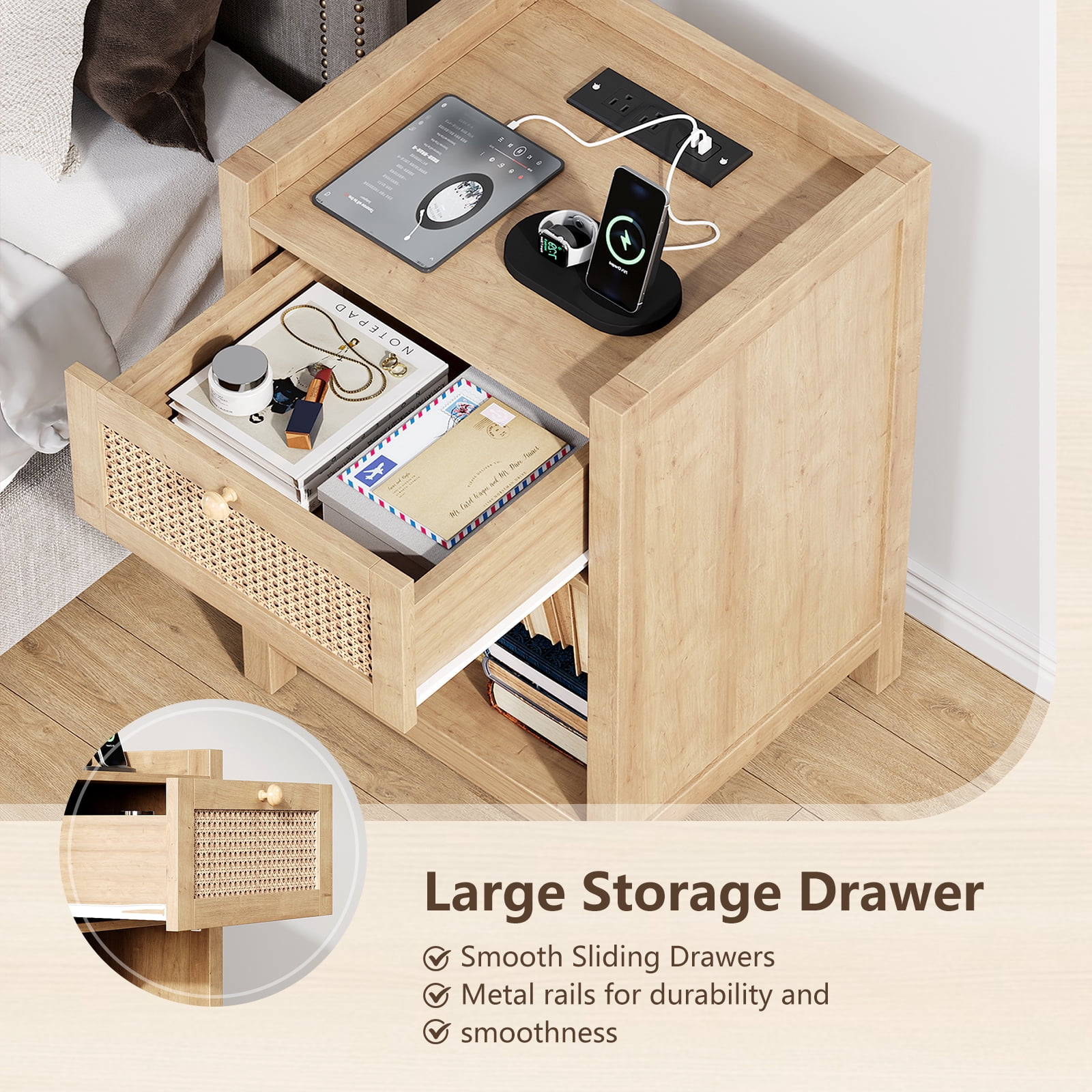 Holliwill Nightstand for Bedroom Set of 2 with Charging Station, Boho Rattan Modern Bedside Tables with Type-C port, USB port, Bed Side Tables End Table - Natural Oak