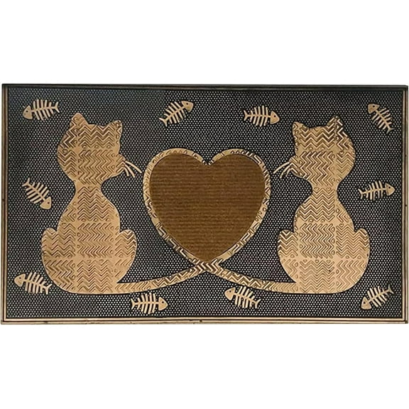 A1HC Rubber Pin Doormat Fun Designed Welcome Front Door Mat for Indoor Outdoor Entrance, 18" X 30", Twin Cats Heart Copper